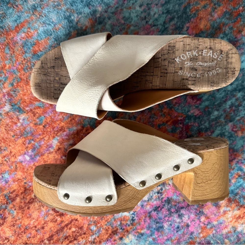 Kork-Ease Ivory Leather Cross Strap Clog Sandals Chunky Cork Heel 9